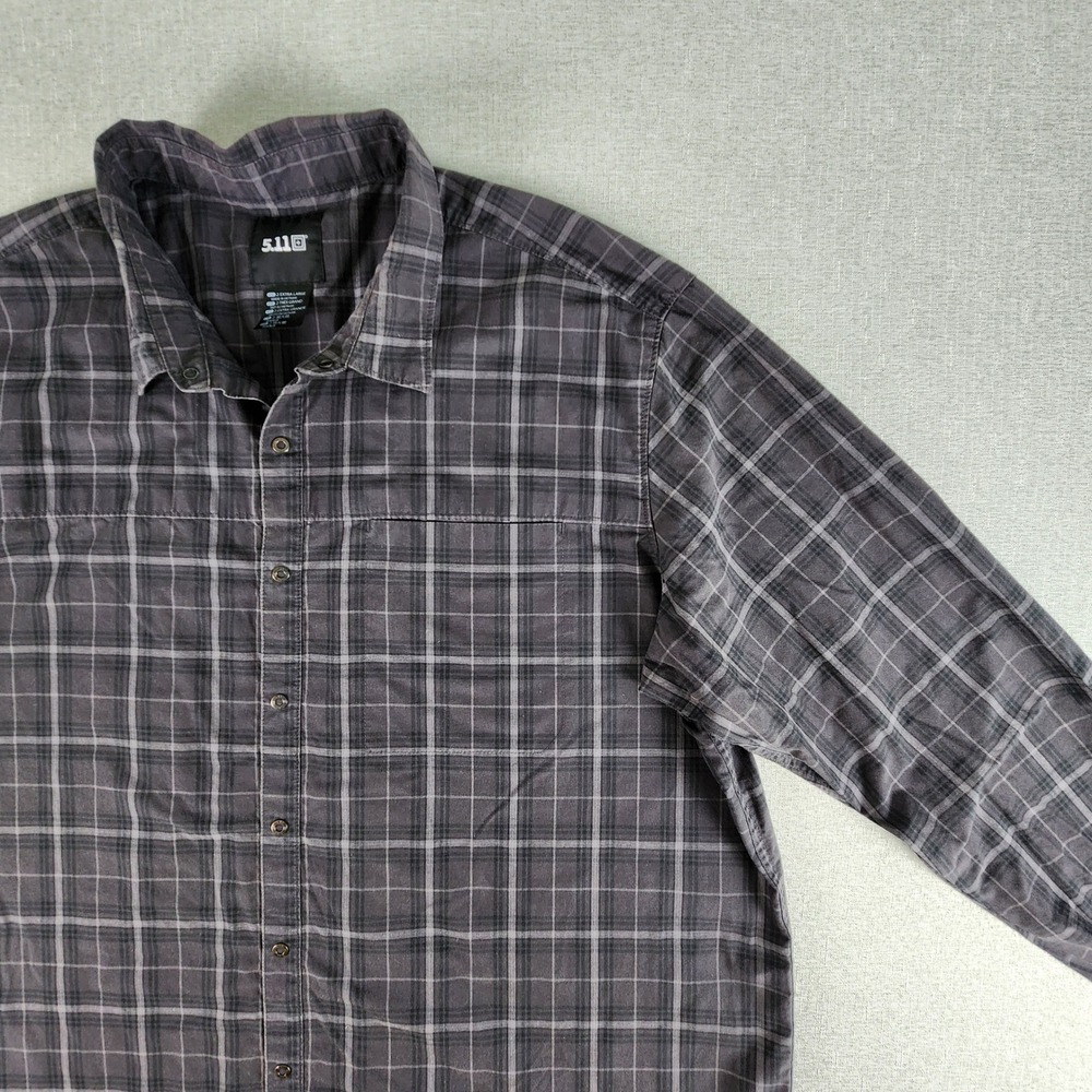 5.11 Tactical Mens 2XL Grey Black Plaid Long Sleeve Snap Button Utility Shirt